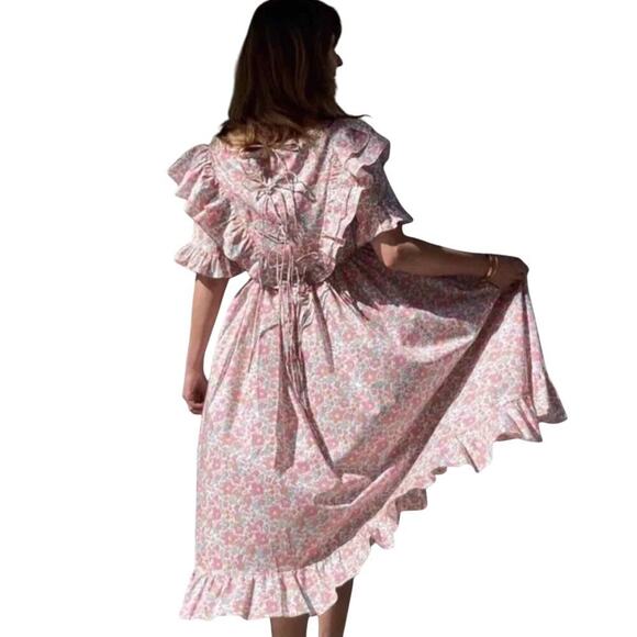 Horror Vacui Dorothy Ruffled Floral Cotton Poplin Midi Dress Size Medium - Picture 14 of 15